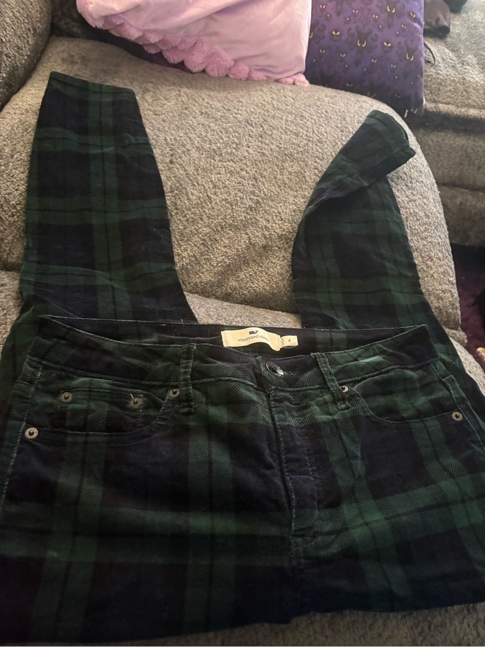 Vineyard Vines Green and Black Plaid Skinny velvet pants